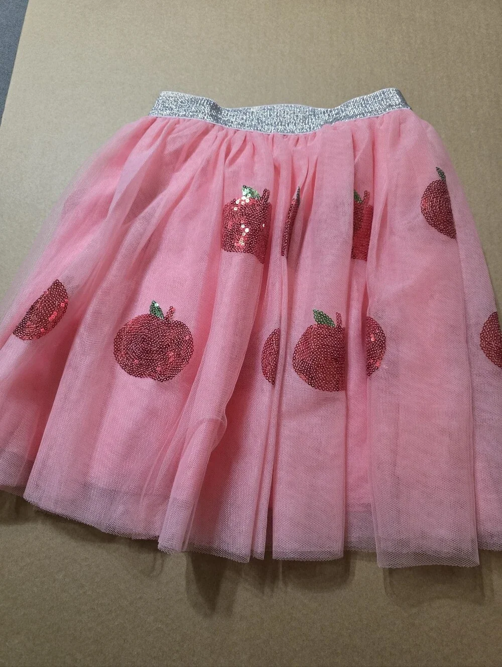 Kid's Pink Tulle Skirt with Sequin Apple Motifs